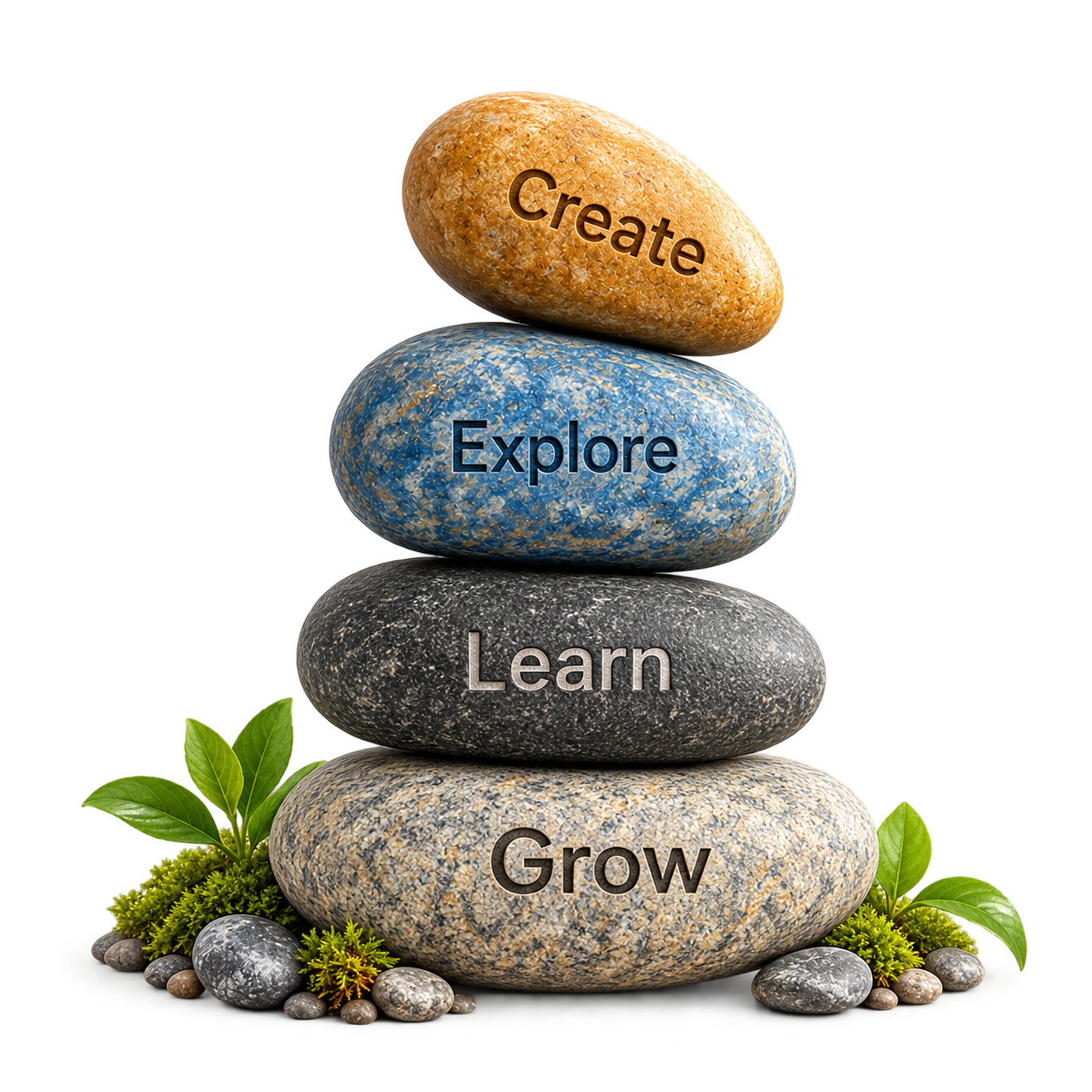 Illustration: four river stones stacked, labelled Create, Explore, Learn and Grow, with a small sprig of moss beside them.